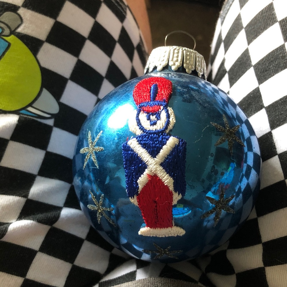 Blue Toy Soldier Embroidered Glass Holiday Ornament